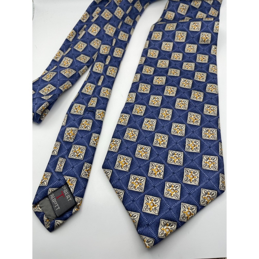 Robert Talbott Paul Simon Mens Silk Tie Blue Gold Geometric Medallion Made USA